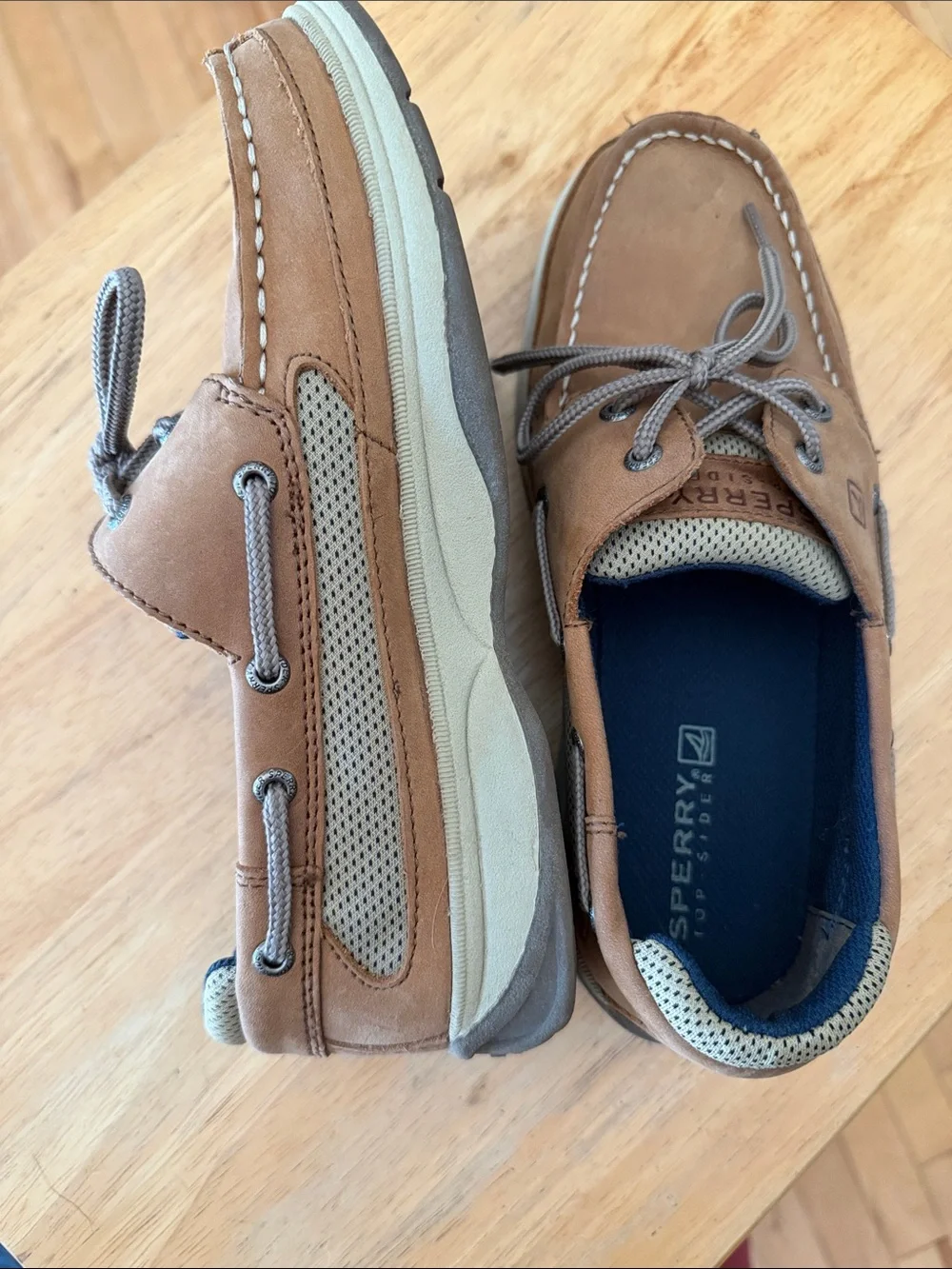 Sperry Tan Leather Moc Toe Boat Shoes with Navy Insoles